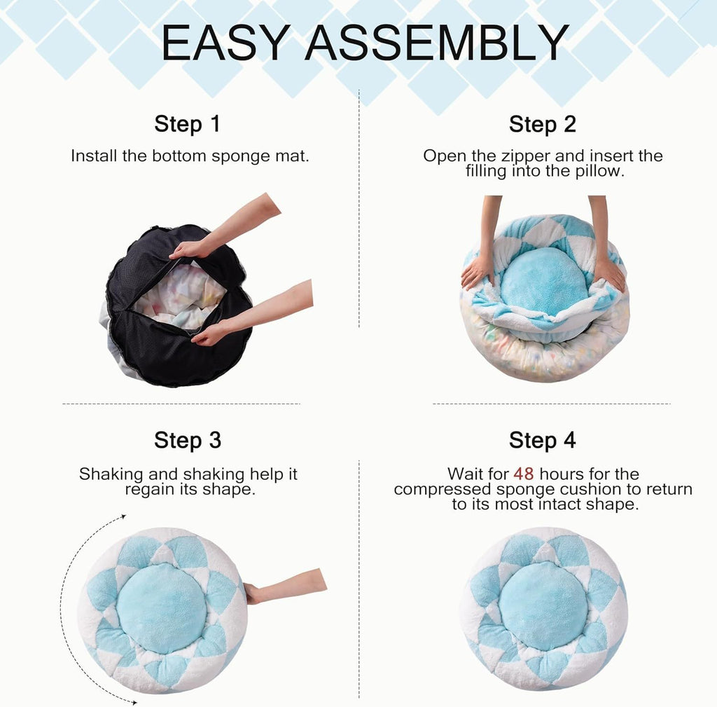 Donuts Cat Bed For Indoor Cats - Round Washable Plush Pet Bed With Jacquard Shaggy Fabric & Non-Slip Bottom, Calming Small Dog Bed For Puppy & Kitten, 23 Inch Blue Check