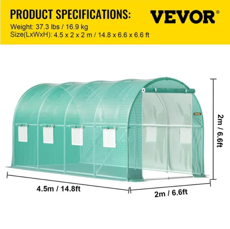 VEVOR Walk-in Tunnel Greenhouse, 14.8 X 6.6 X 6.6 Ft Portable Plant Hot House W  Galvanized Steel Hoops, 1 Top Beam, Diagonal Poles, Zippered Door   8 Roll-up Windows, Green