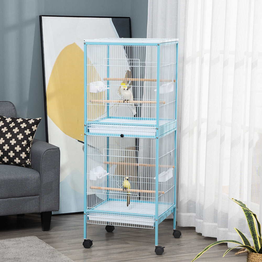 55inch 2 In 1 Bird Cage Aviary Parakeet House For Finches, Budgies With Wheels, Light Blue