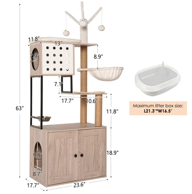 Cat Tree With Litter Box Enclosure - Modern Cat Condo With Scratching Posts, Feeding Bowl & Removable Pompom Sticks, Gray