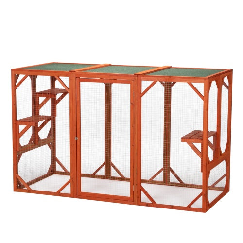 Wooden Cat House, Outdoor Cat Cage With Waterproof Asphalt Board And Cat Habitat, Orange
