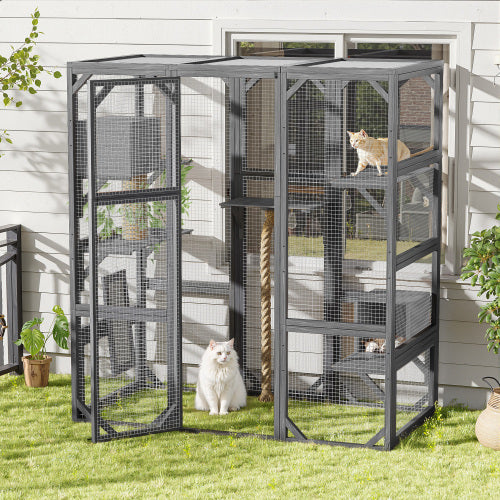 Outdoor Cat House  DIY Cat Enclosure, Cat Catio With Double Enter Doors  62.8 L X 32.2 W X68.5 H Balcony Cat Playpen With Platforms And Two Condos For 1-3 Cats  Light Grey