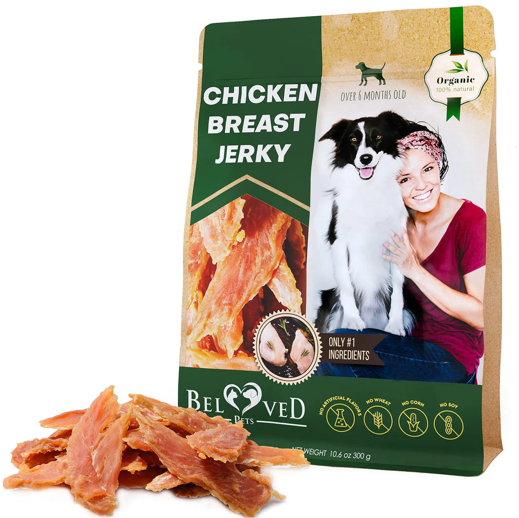 Chicken Jerky Dog Treats All Natural & Organic Healthy Snacks for Dogs, Grain Free & High Protein Human Grade Pet Chews 300g