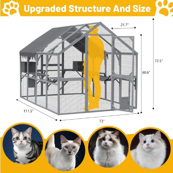 Outdoor Cat House Cat Enclosures 110 Large Kitten Playpen With Platforms,Upgrade Waterproof Cover-grey