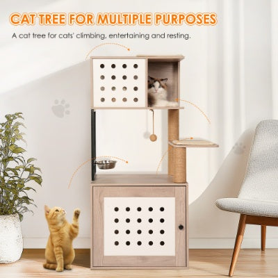 Cat Tree With Litter Box Enclosure, Allinone Cat Tower For Indoor Cats With Large Hammock, Bed, Food Station, Scratching Posts, Modern Style Pet Furniture, Gray White
