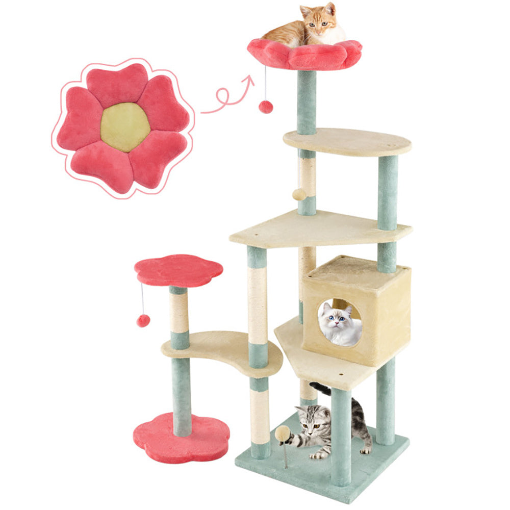 61 Inch Multi-Level Aesthetic Floral Kitten Tower With Flower-Shaped Padded Perch
