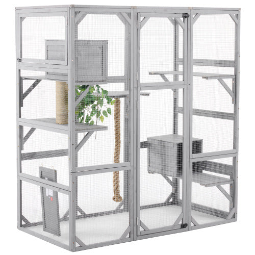 Outdoor Cat House  DIY Cat Enclosure, Cat Catio With Double Enter Doors  62.8 L X 32.2 W X68.5 H Balcony Cat Playpen With Platforms And Two Condos For 1-3 Cats  Light Grey