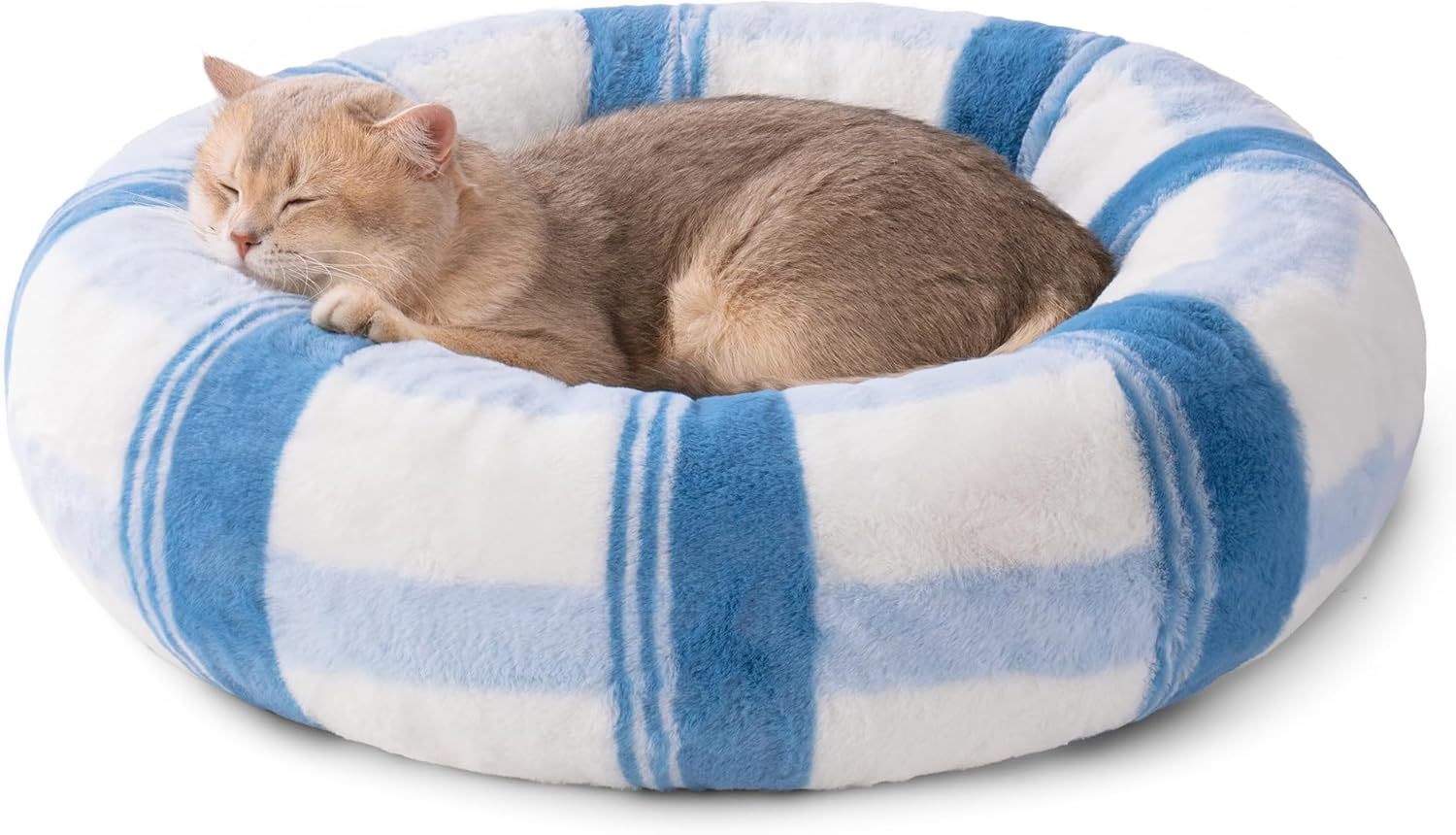 Plush Round Cat Bed For Indoor Cats - Calming Washable Pet Bed With Non-Slip Bottom, Soft Fluffy Dog Bed For Puppy & Kitten, 23 Inch Blue Striped
