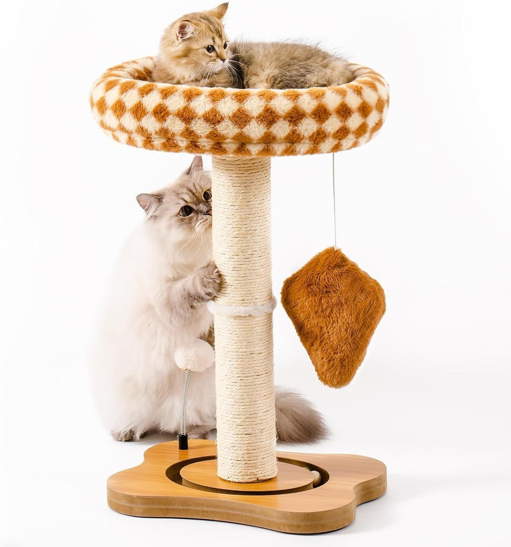 Cat Scratching Post With Bed - Small Cat Tower With Sisal Scratchier, Removable Perch & Ball Track Toys For Indoor Cats Brown, Medium