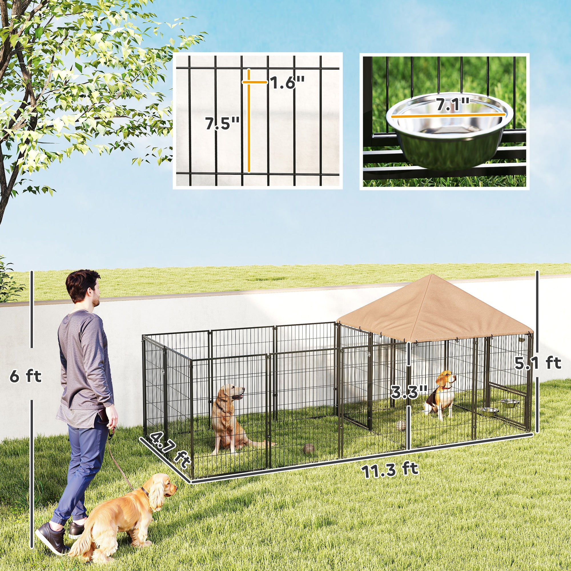 Large Outdoor Dog Kennel With Rotating & Adjustable Height Bowls, Waterproof & UV-Resistant Canopy, 11.3 X 4.7 X 5.1