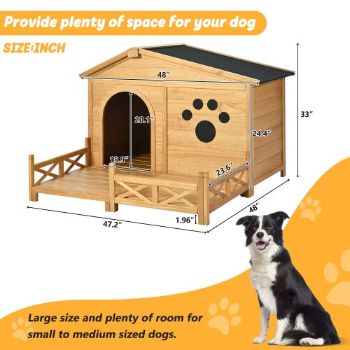 Wooden Dog House Outdoor With Porch, Dog Kennel With Water-Resistant Asphalt Roof And Fencing,Indoor & Outdoor Dog Crate With Paw Print, Medium, Nature