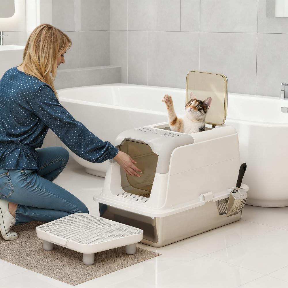 Enclosed Cat Litter Box with Scoop, Deodorizer Bag