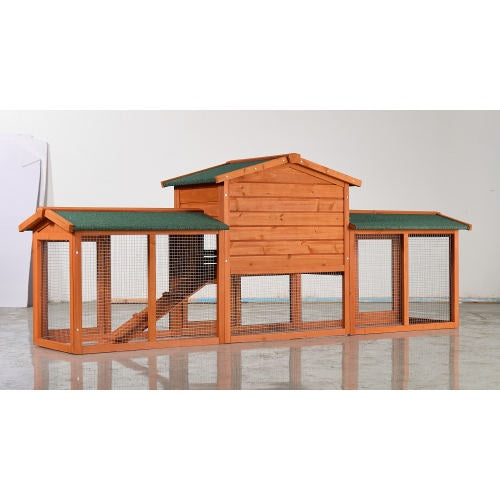Large Wooden Rabbit Hutch, Outdoor Bunny Cage With Spacious Run, Waterproof Asphalt Roof, Pull-Out Tray And Ramp, Fir Wood Pet House For Rabbits, Chickens And Small Animals  Brown Green
