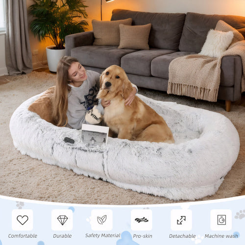 Human Dog Bed, Washable Faux Fur Dog Bed For People Doze Off, Napping Orthopedic Dog Bed,71'x45'x14  Size Fits You And Pets Grey