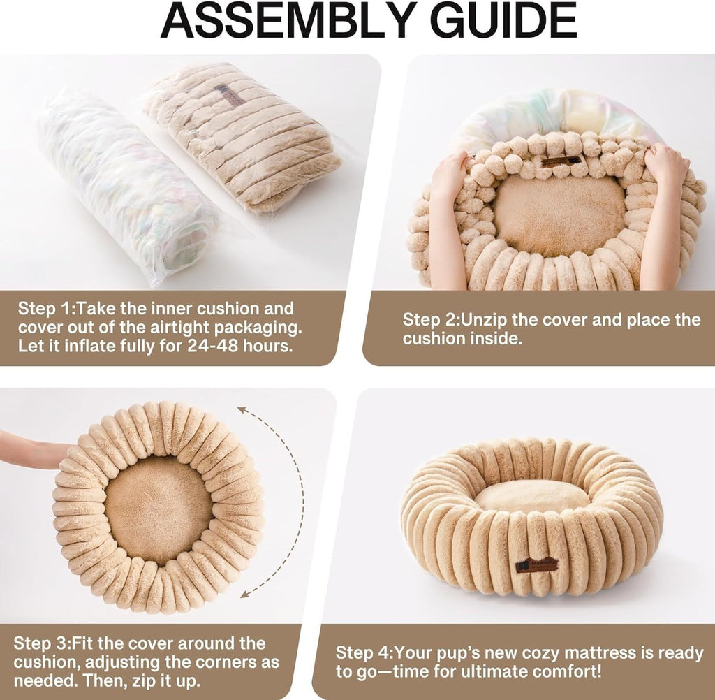 Donut Dog Bed For Medium Dogs - Calming Pet Bed With Non-Slip Bottom, Washable For Pets Up To 45 Lbs Light Brown