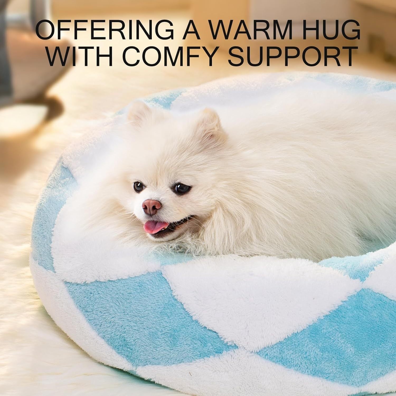 Donuts Cat Bed For Indoor Cats - Round Washable Plush Pet Bed With Jacquard Shaggy Fabric & Non-Slip Bottom, Calming Small Dog Bed For Puppy & Kitten, 23 Inch Blue Check