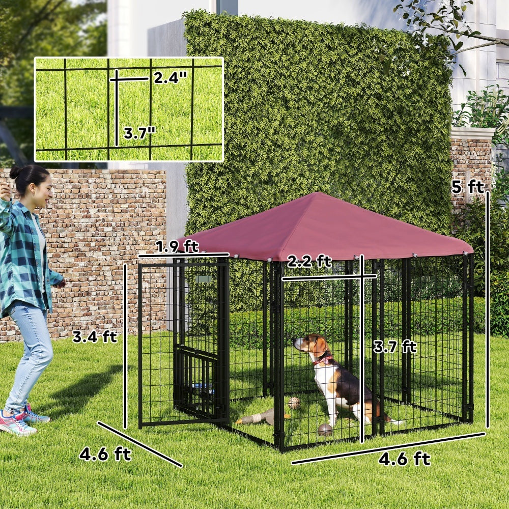 Welded Wire Outdoor Dog Kennel With 360 Rotating & 4 Levels Adjustable Bowls, Waterproof Cover, 4.6 X 4.6 X 5