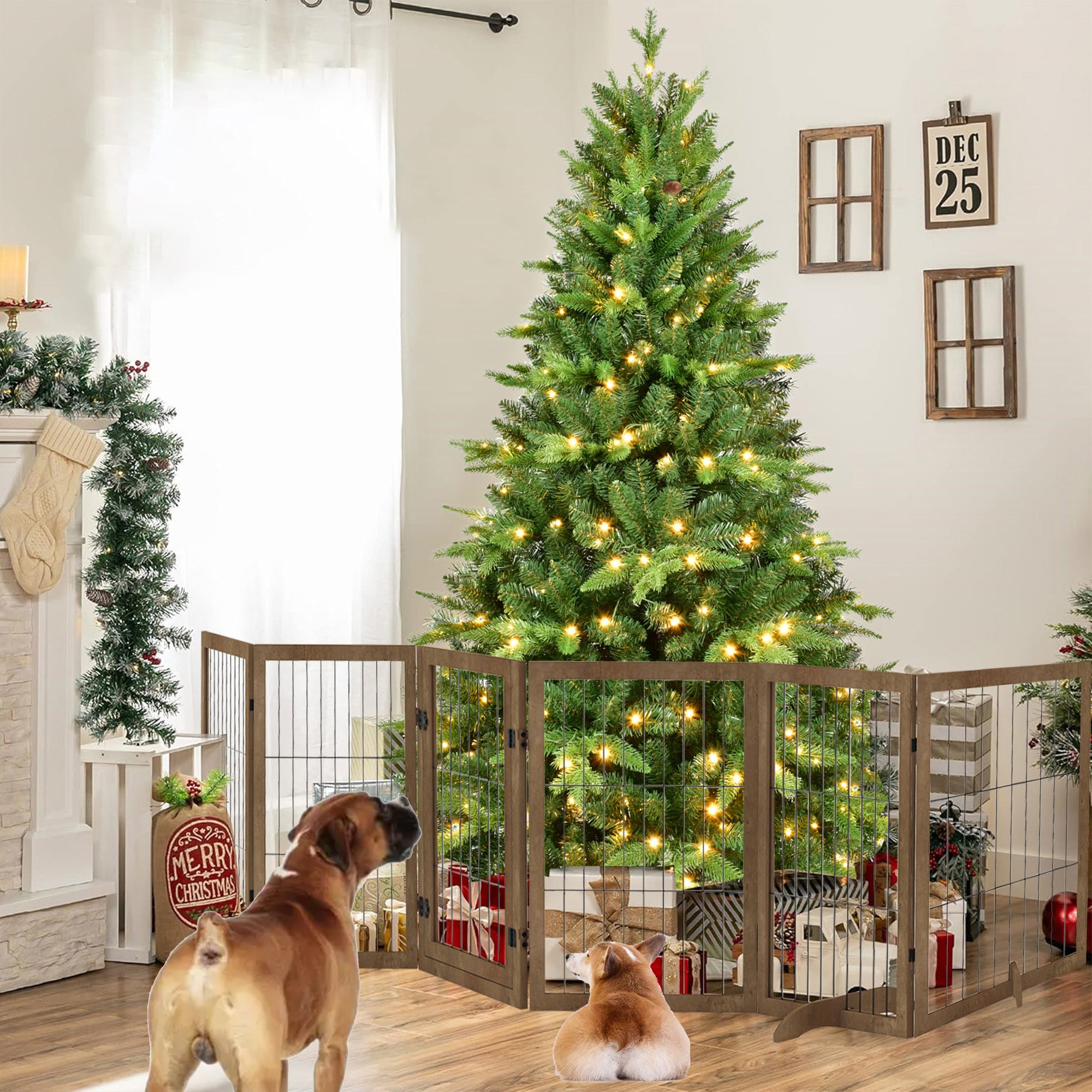 Dog Gate With Door Pet Dog Fence Barrier 6 Panels 144-inch Wide 32-inch Tall Foldable Multiple Shapes