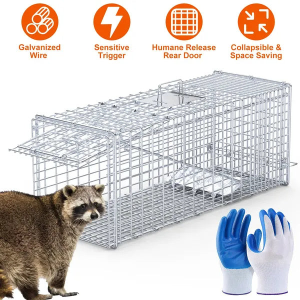 Live Animal Trap Cage 37x14x15in Folding Catch And Release Humane Cat Trap Galvanized Iron For Raccoons Foxes Coyotes Stray Dogs Armadillos Squirrels