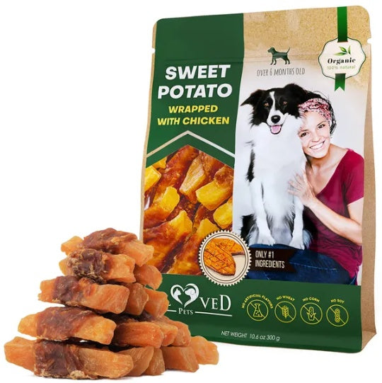 Dog Sweet Potato Wrapped With Chicken, Grain Free Organic Meat Human Grade Dried Snacks In Bulk
