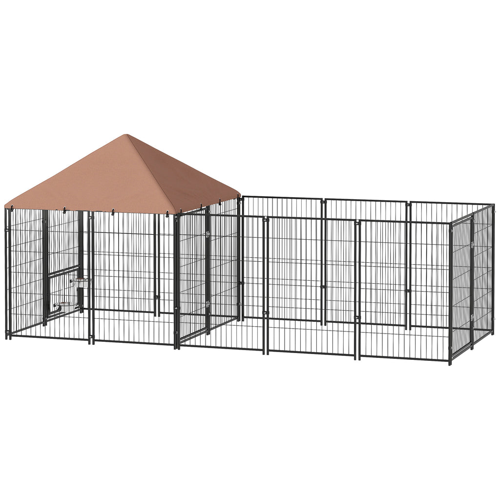 Large Outdoor Dog Kennel With Rotating & Adjustable Height Bowls, Waterproof & UV-Resistant Canopy, 11.3 X 4.7 X 5.1