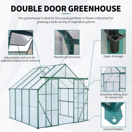 8x8 FT Double Door Polycarbonate Greenhouse Raised Base And Anchor Aluminum Heavy Duty Walk-in Greenhouses For Outdoor Backyard In All Season