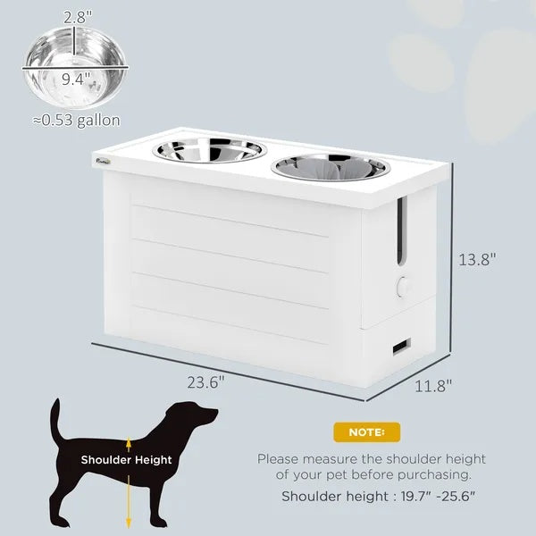 Elevated Dog Bowls With Slow Feeder Mat, Storage Cabinet, 3 Stainless Steel Bowls For Large & Extra Large Dogs, White