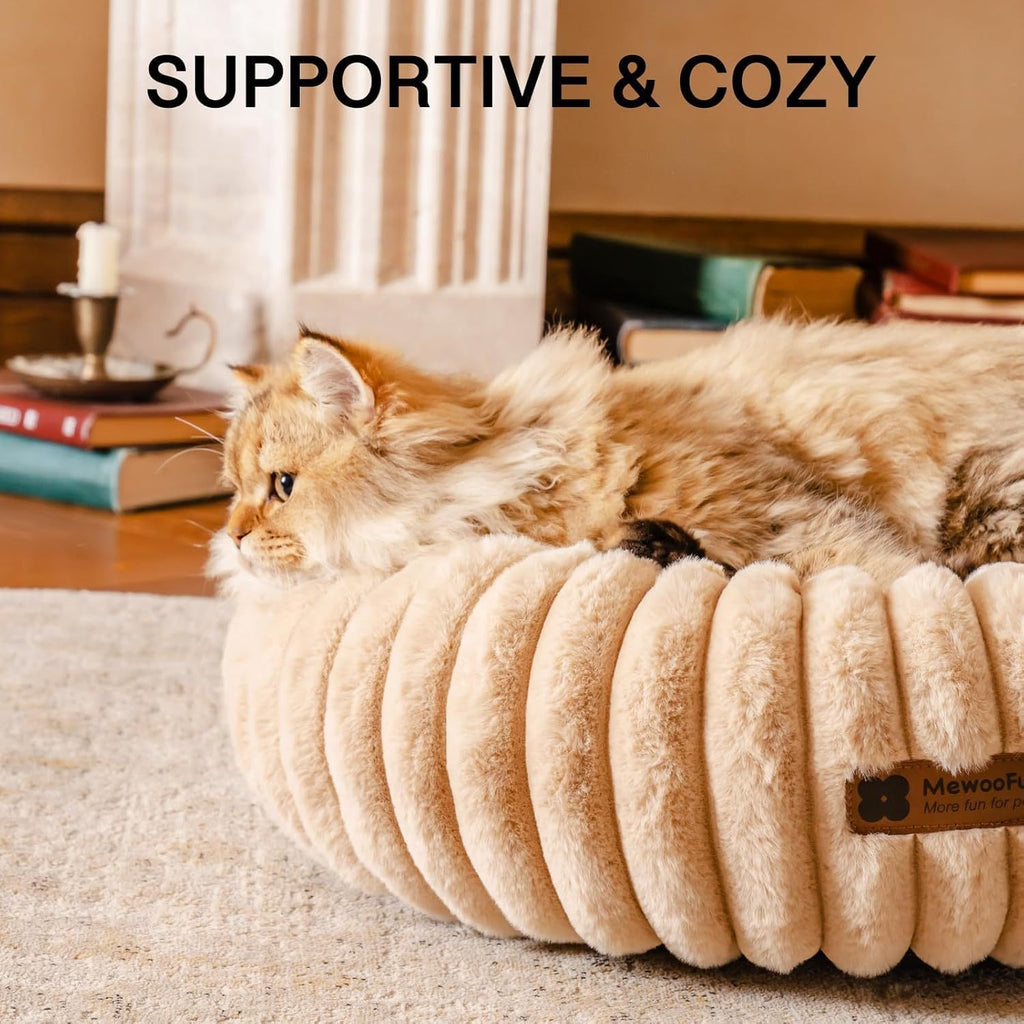 MEWOOFUN Donut Cat Bed - Washable Round Pet Bed For Indoor Cats & Kittens, Fluffy Non-Slip Calming Bed For Small Dogs, Light Brown