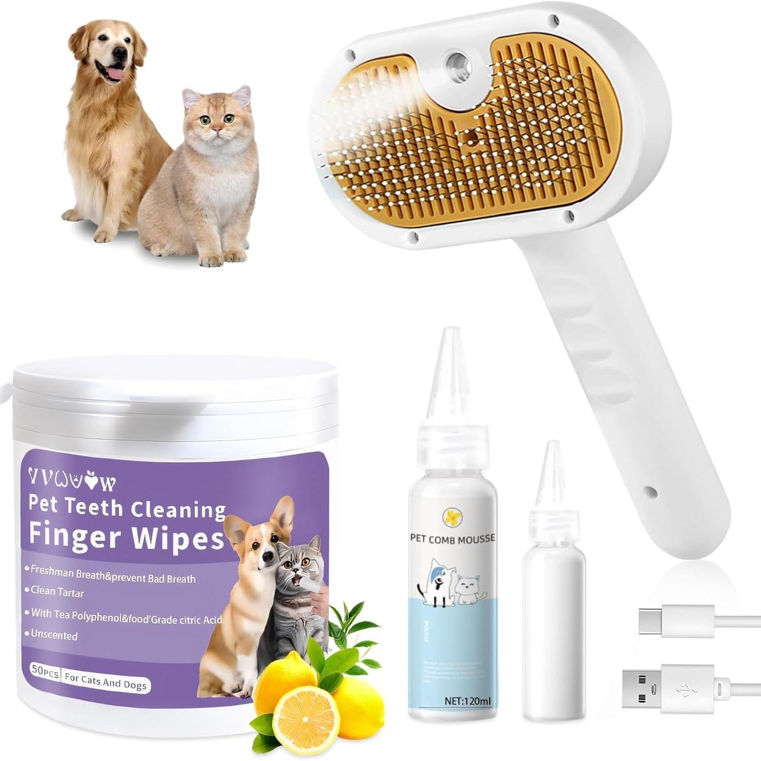 Universal Pet Steam Brush For Cats And Dogs 3-in-1 Spray Hair Removal Comb With Water less Shampoo and Ear Towel