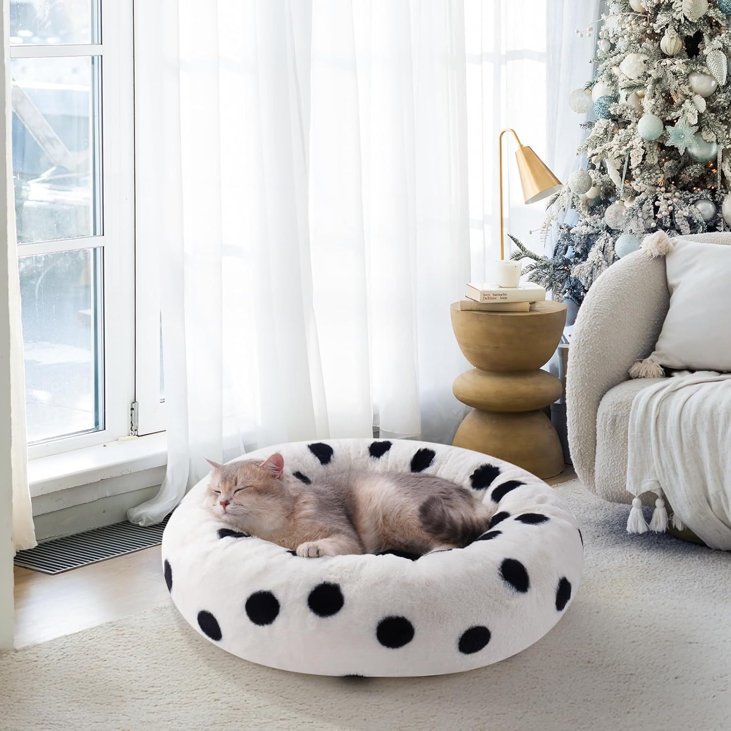 Donuts Cat Bed For Indoor Cats - 23 Inch Round Washable Pet Bed With Non-Slip Bottom, Plush Fluffy Small Dog Bed For Puppies & Kittens, Black Dot