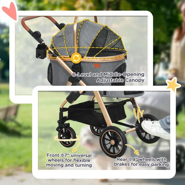 3 In 1 Dog Stroller With Detachable Cabin, 4 Wheel Folding Lightweight Pet Stroller For Small Dogs, Gray