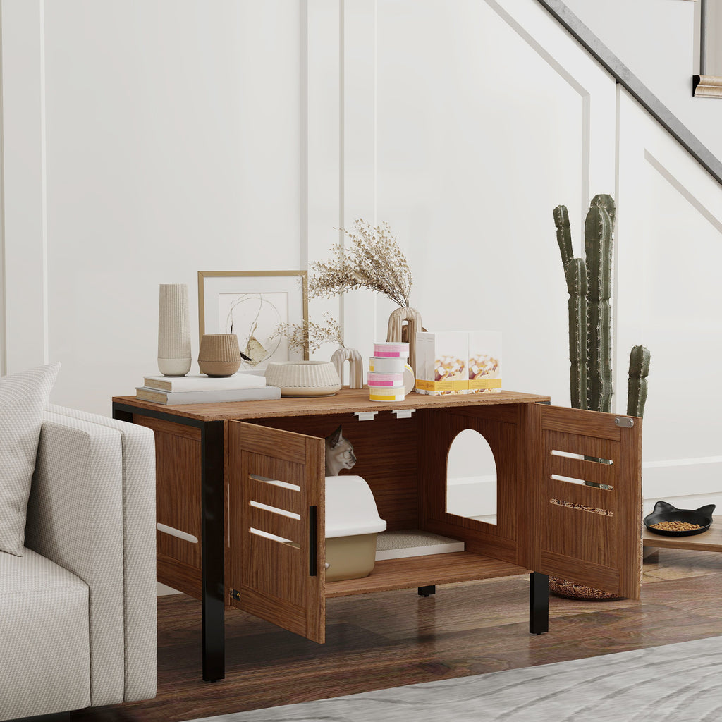 Cat Litter Box Enclosure With Tall Legs, Scratching Board, Dark Brown, 31.5L X 17.7W X 19.7H