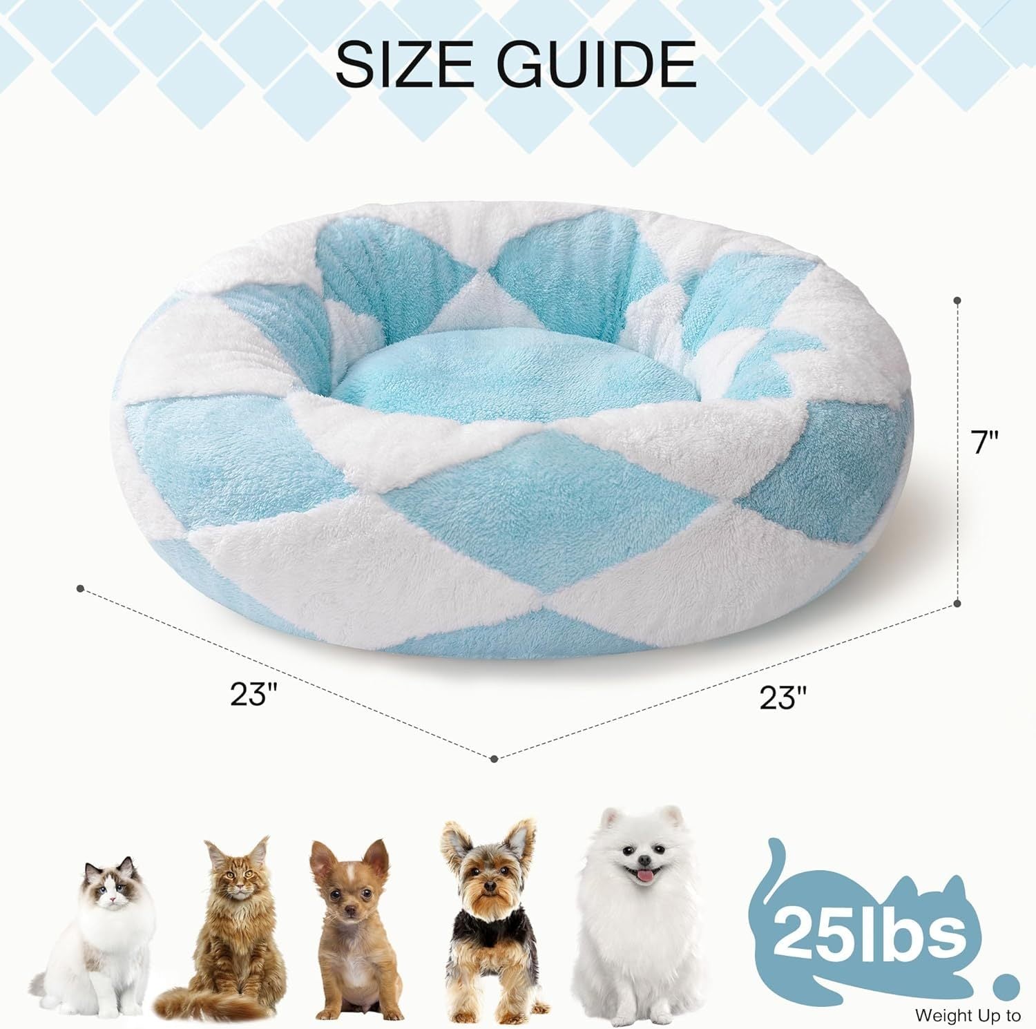 Donuts Cat Bed For Indoor Cats - Round Washable Plush Pet Bed With Jacquard Shaggy Fabric & Non-Slip Bottom, Calming Small Dog Bed For Puppy & Kitten, 23 Inch Blue Check