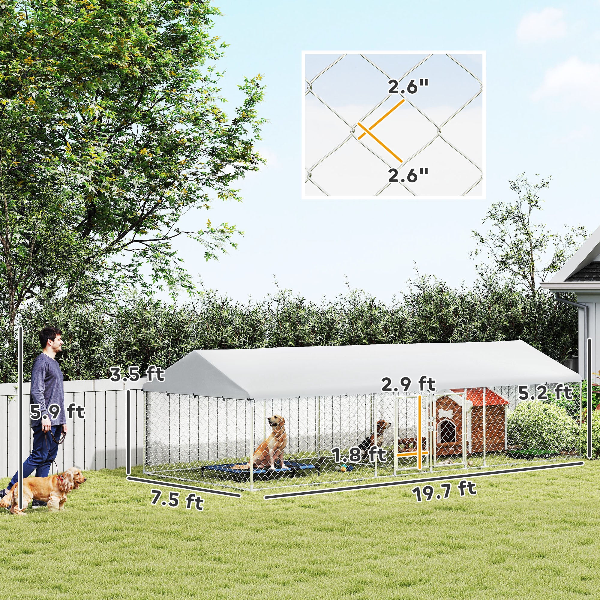 Two Room Outdoor Dog Kennel, Dog Run With Roof, Waterproof UV-Resistant Cover, Secure Lock, 19.7 X 7.5 X 5.2