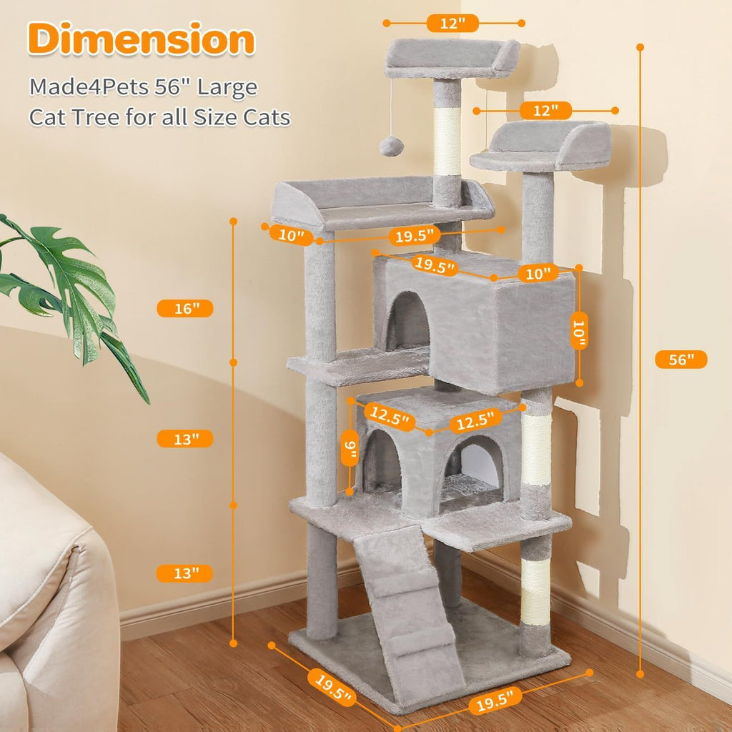Made 4 Pets 56-inch Pet Cat Tree For Indoor Cats Multi-Level Cat Tree With 2 Apartments Cat Activity Centre With Scratching Posts And Toys Light Gray