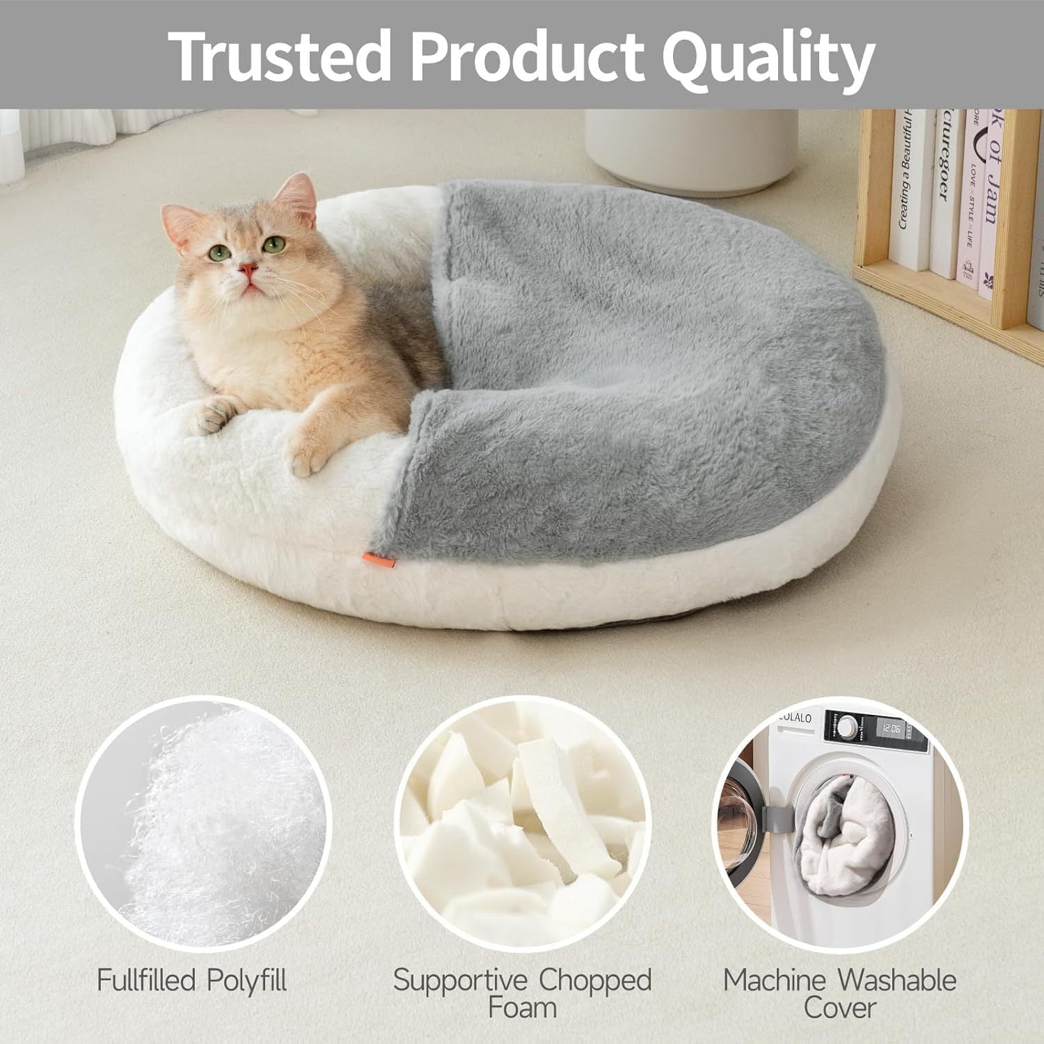 Enclosed Cat Bed Cave - Washable Pet Bed With Blanket & Non-Slip Base For Cats & Small Dogs 22'' X 22'', White