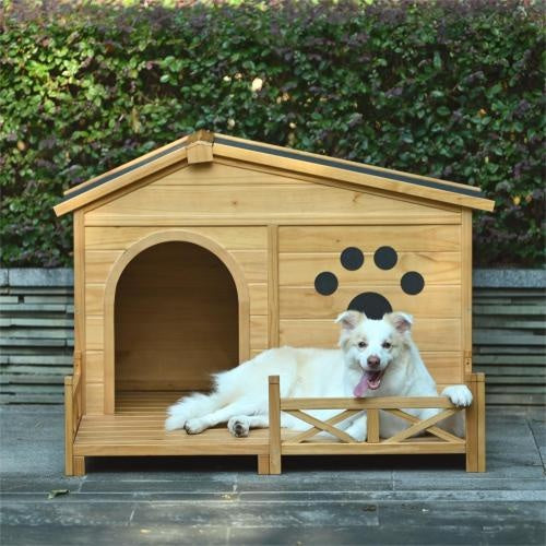 Wooden Dog House Outdoor With Porch, Dog Kennel With Water-Resistant Asphalt Roof And Fencing,Indoor & Outdoor Dog Crate With Paw Print, Medium, Nature