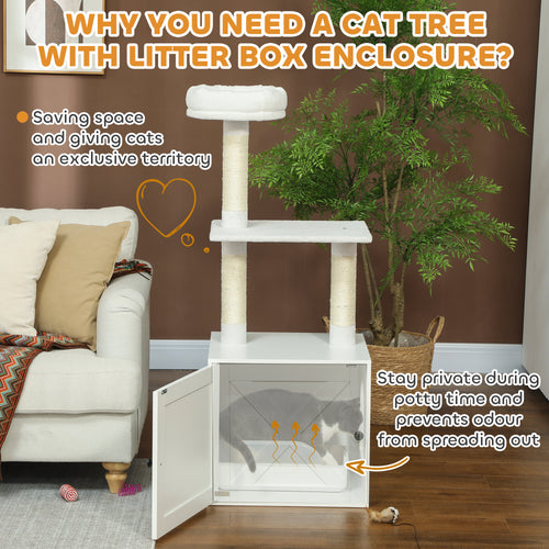 Cat Tree with Litter Box Enclosure, Scratching Posts, Bed, Climbing Platforms