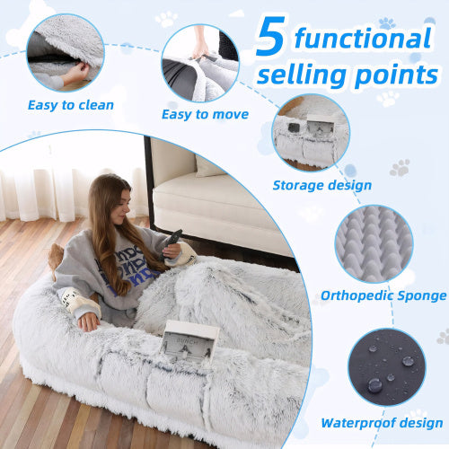 Human Dog Bed, Washable Faux Fur Dog Bed For People Doze Off, Napping Orthopedic Dog Bed,71'x45'x14  Size Fits You And Pets Grey