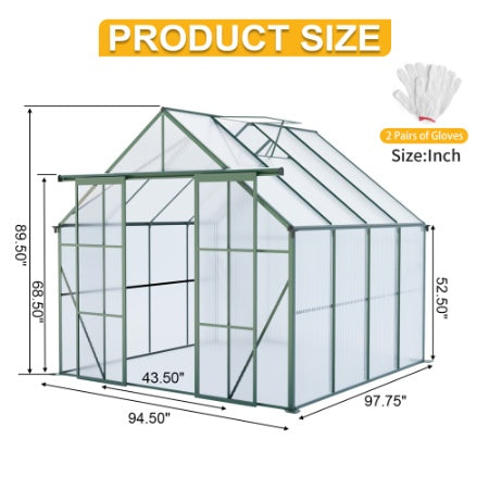 Double Door Polycarbonate Greenhouse Raised Base And Anchor Aluminum Heavy Duty Walk-in Greenhouses For Outdoor Backyard In All Season
