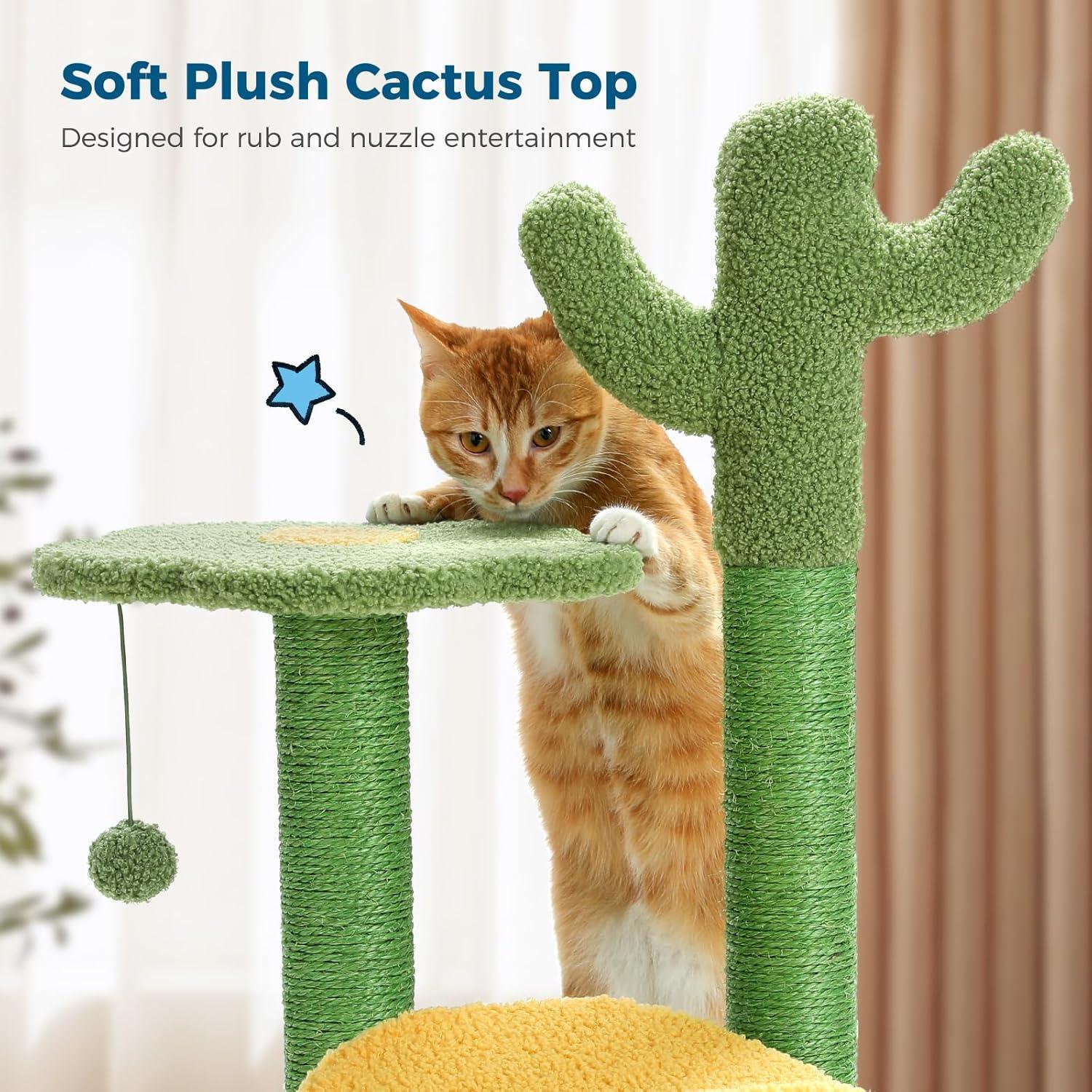 26 Inch Cactus Cat Tree With Bird's Eye View Flower Perch, Soft Cactus Top And Hanging Ball, Compact Vertical Structure For Indoor Cats