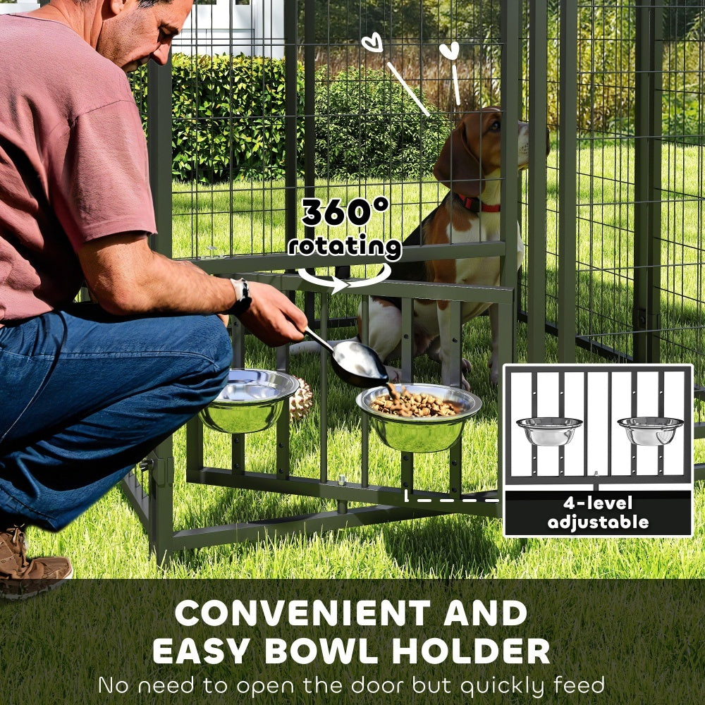 Welded Wire Outdoor Dog Kennel With 360 Rotating & 4 Levels Adjustable Bowls, Waterproof Cover, 3.9 X 3.9 X 6