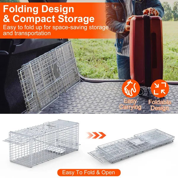 Live Animal Trap Cage 37x14x15in Folding Catch And Release Humane Cat Trap Galvanized Iron For Raccoons Foxes Coyotes Stray Dogs Armadillos Squirrels