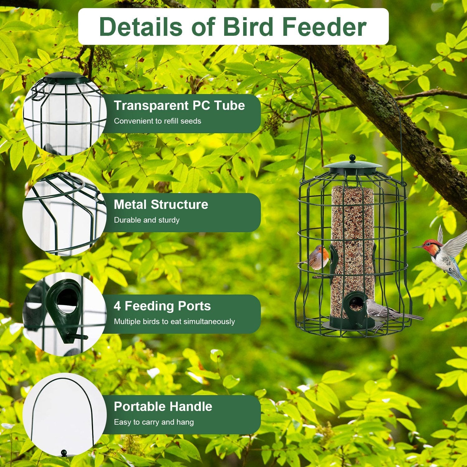 Outdoor Wild Bird Feeder Squirrel-Proof Chew-Proof Metal Hanging Seed Feeder With 4 Feeding Port For Small Songbirds