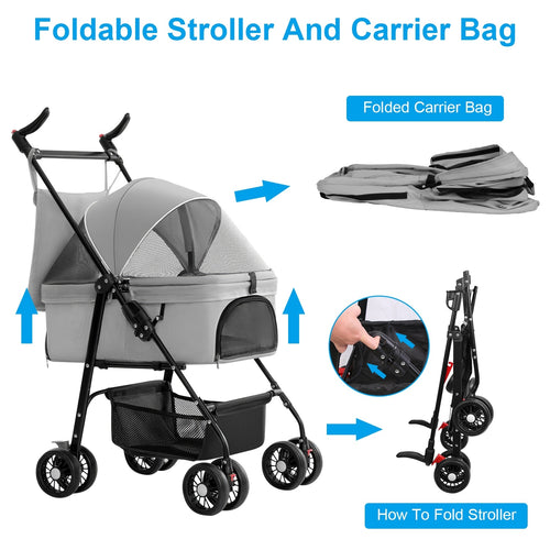 4-Wheel Pet Stroller Carrier Strolling Cart Foldable with Removable Liner Storage Basket