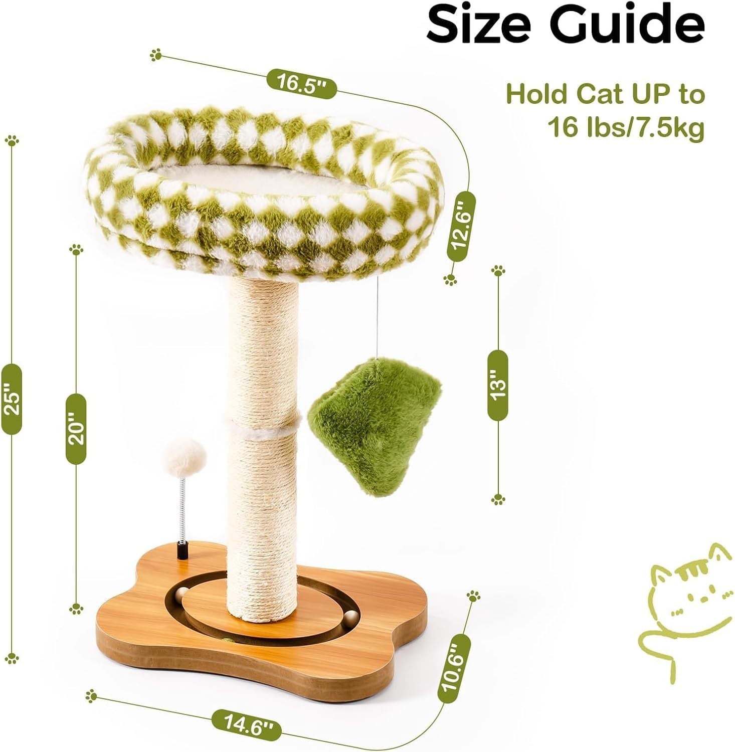 Mewoo Cat Scratching Post & Bed - 2-in-1 Small Cat Tower With Sisal Scratcher And Ball Track Toys Green, Medium