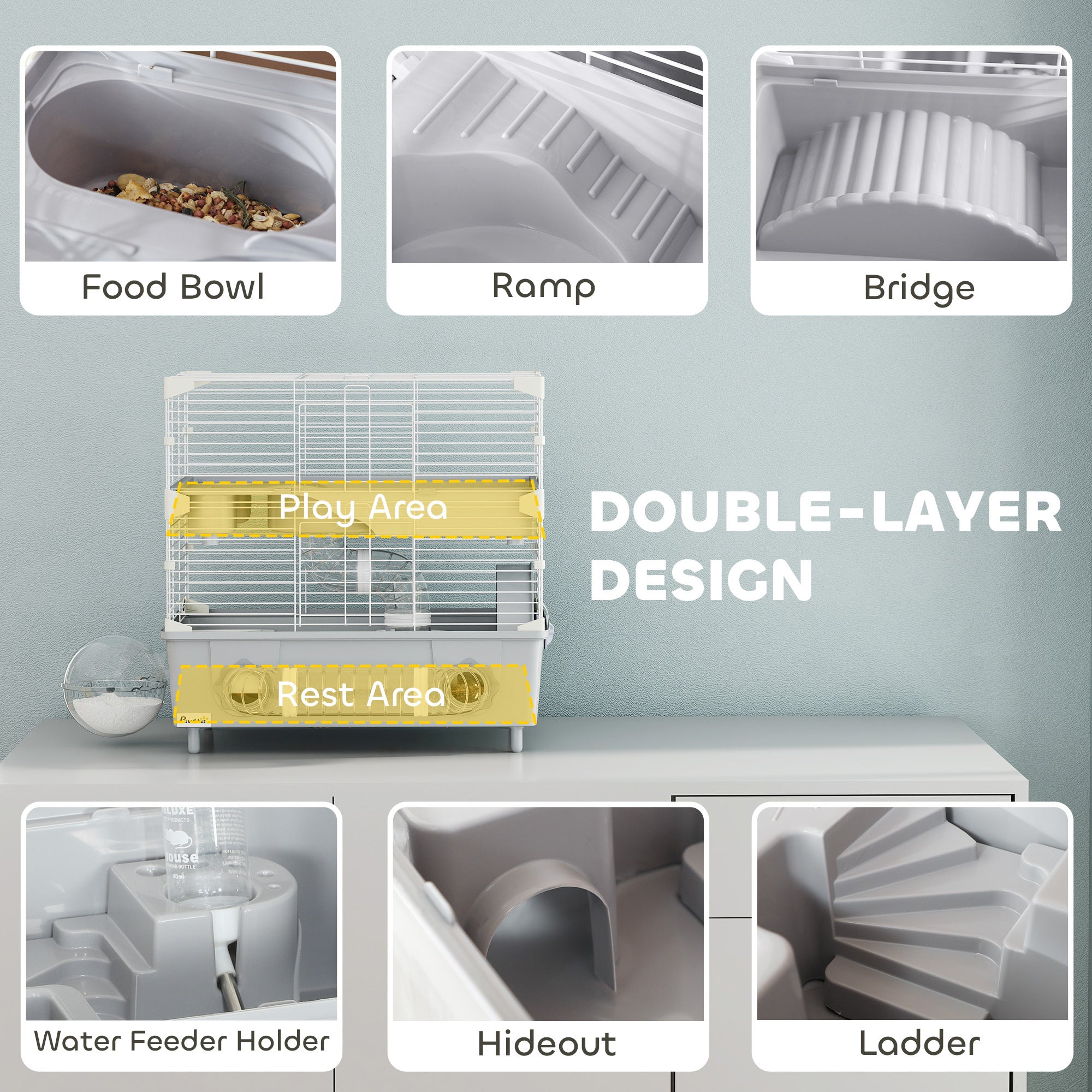 2-Tier Hamster Cage With Sand Bathroom, Running Wheel, Water Bottle, Tubes, Accessories, For Hamster, Gray