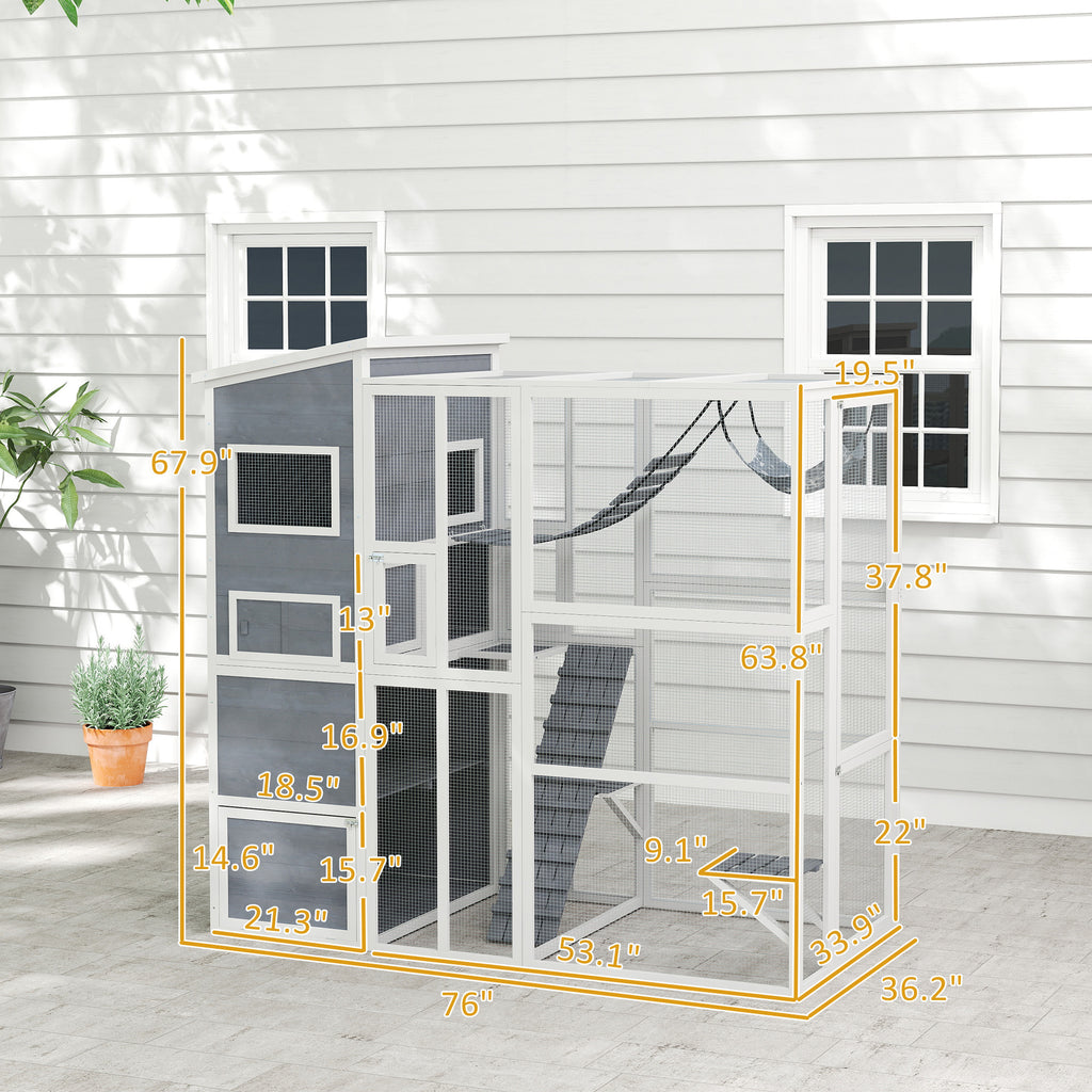 Large Wooden Outdoor, Cat Enclosure W 4 Tier Resting Rooms, 3 Platforms, 1 Soft Ladder, 2 Ramps, 1 Hammock, Gray