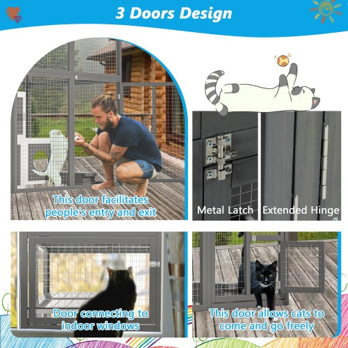 Outdoor Wooden Cat Catio - Large Solid Wood Cat Cage Playpen With 2 Jumping Platforms  7 Napping Houses, Walk-in Cat Kennel Condo Shelter, Grey