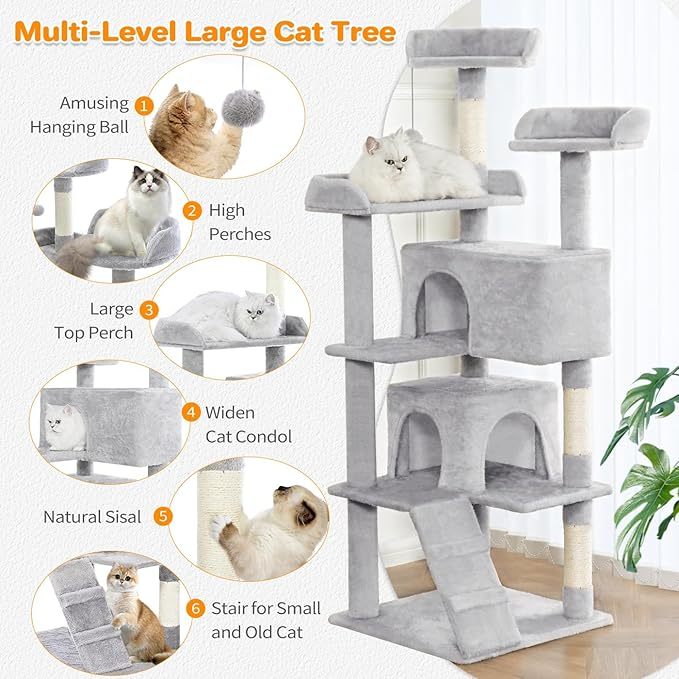 Made 4 Pets 56-inch Pet Cat Tree For Indoor Cats Multi-Level Cat Tree With 2 Apartments Cat Activity Centre With Scratching Posts And Toys Light Gray